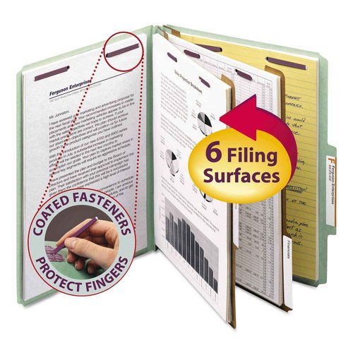 Smead Pressboard Classification File Folder with SafeSHIELD Fasteners, 2 Dividers, 2" Expansion, Letter Size, Gray/Green, 10 per Box (14076)