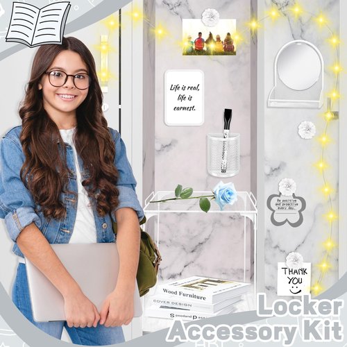 Gosodeny 17 Pcs White Locker Organizer Kit, Includes Classic Marble Locker Magnetic Wallpaper, Locker Shelf, Magnetic Mirror and Organizing Supplies First Day of School Essentials with Locker