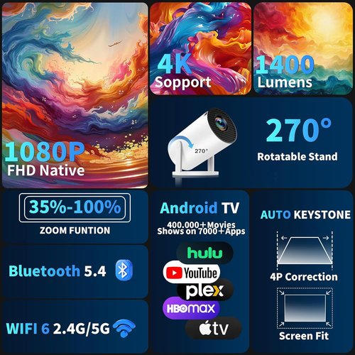 Mini Projector by Built-in Apps | 4K 1080P, Auto Keystone, 270° Rotatable, WiFi 6 & Bluetooth 5.4 - Portable, White