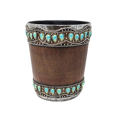 AMAJY Decorative Resin Faux Leather Small Wastebasket with Turquoise Gem - Southwestern Rustic Trash Bin for Bathroom, Bedroom, and Kitchen - Small Decorative Wastebasket for Home or Office Décor