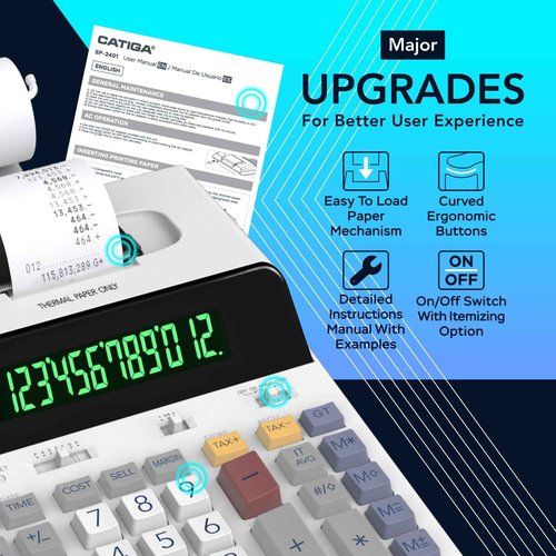 CATIGA 12 Digit Thermal Printing Calculator with Tape Print Out, Ink-Free Adding Machine, 3X Faster Quite at 8.0 LPS, Extra Large Fluorescent Display, Tax Calculation with Clock and Calendar, SP-2401