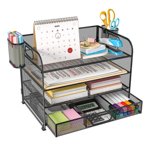 ZXZOFCA Desk Organizer and Accessories，4-tier Paper Letter Tray Organizer, Desk File Organizer with Drawers and 2 Pen Holders for School and Home Office Supplies (black)