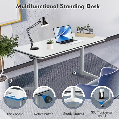 Conference Table 4-Pcs Conference Room Table 2-10 People Folding Conference Table with Wheels Modern Conference Room Foldable Mobile Flip Top Table White Training Room