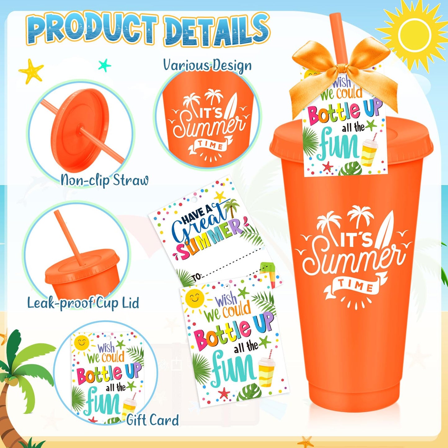 Teenyyou 24 Packs End of The Year Gifts for Student 24 oz Summer Plastic Cups with Lid and Straw Bulk Summer Graduation Reusable Tumblers with Cards for Pool Vacation Party Supplies(Classic)