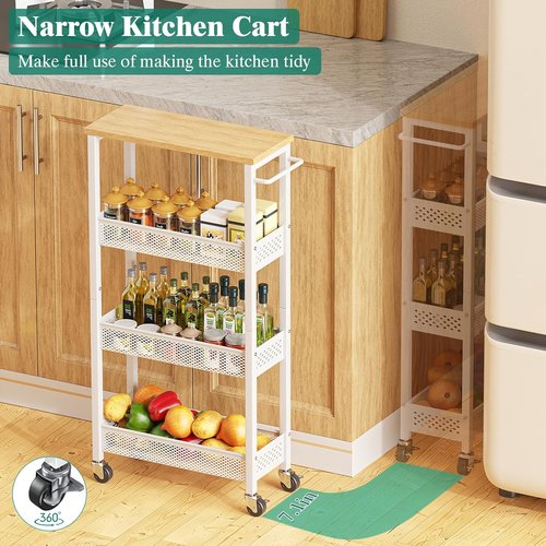 Giwil Slim Rolling Storage Cart - 4-Tier Bathroom Organizer with Wood Top & Handle | White
