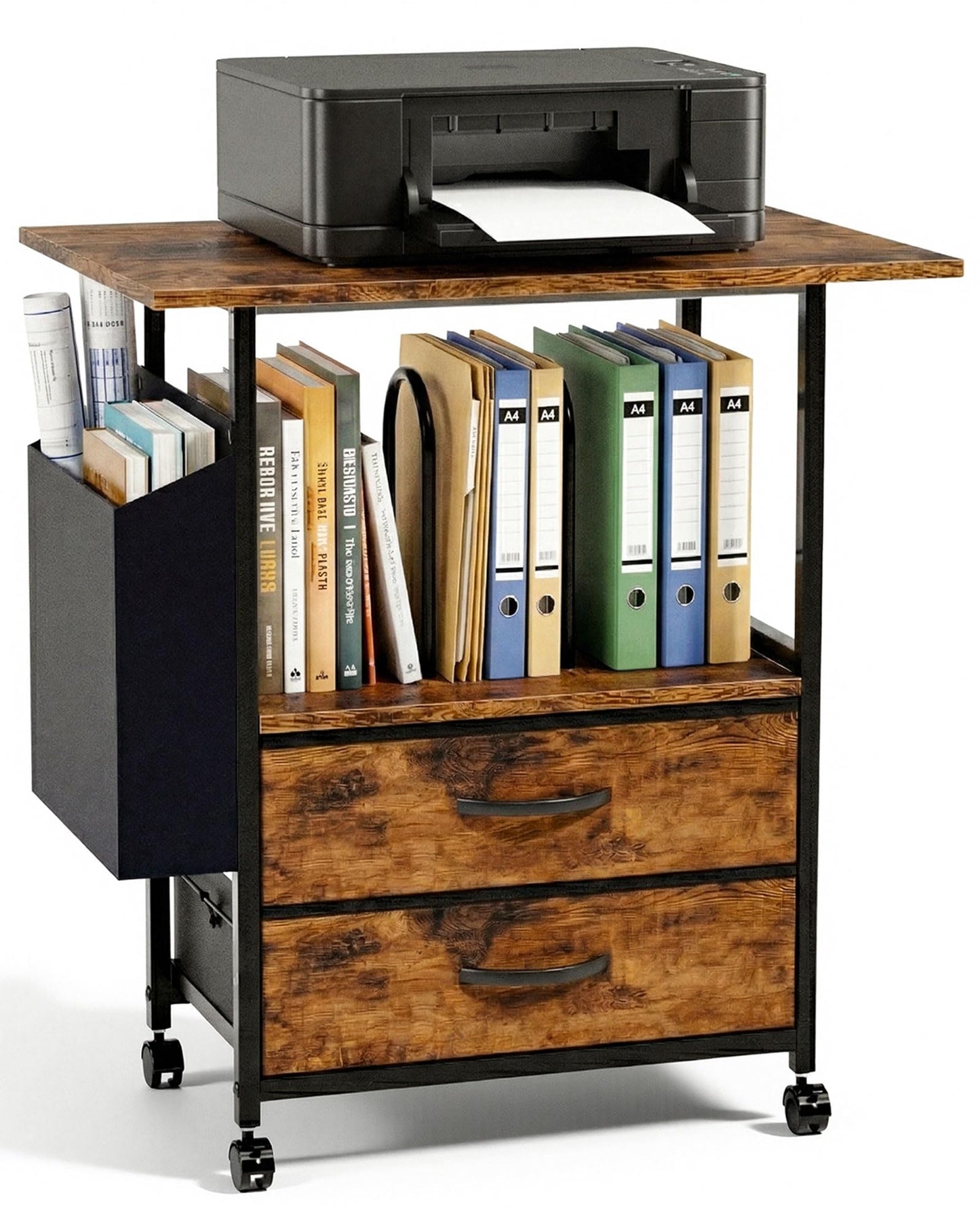 Faesun File Cabinet for Home Office, 22'' Large Rolling Filing Cabinet with 2 Fabric Drawers, Printer Stand with Storage, Small Space Printer Table with Side Pocket & Dividers, Rustic Brown