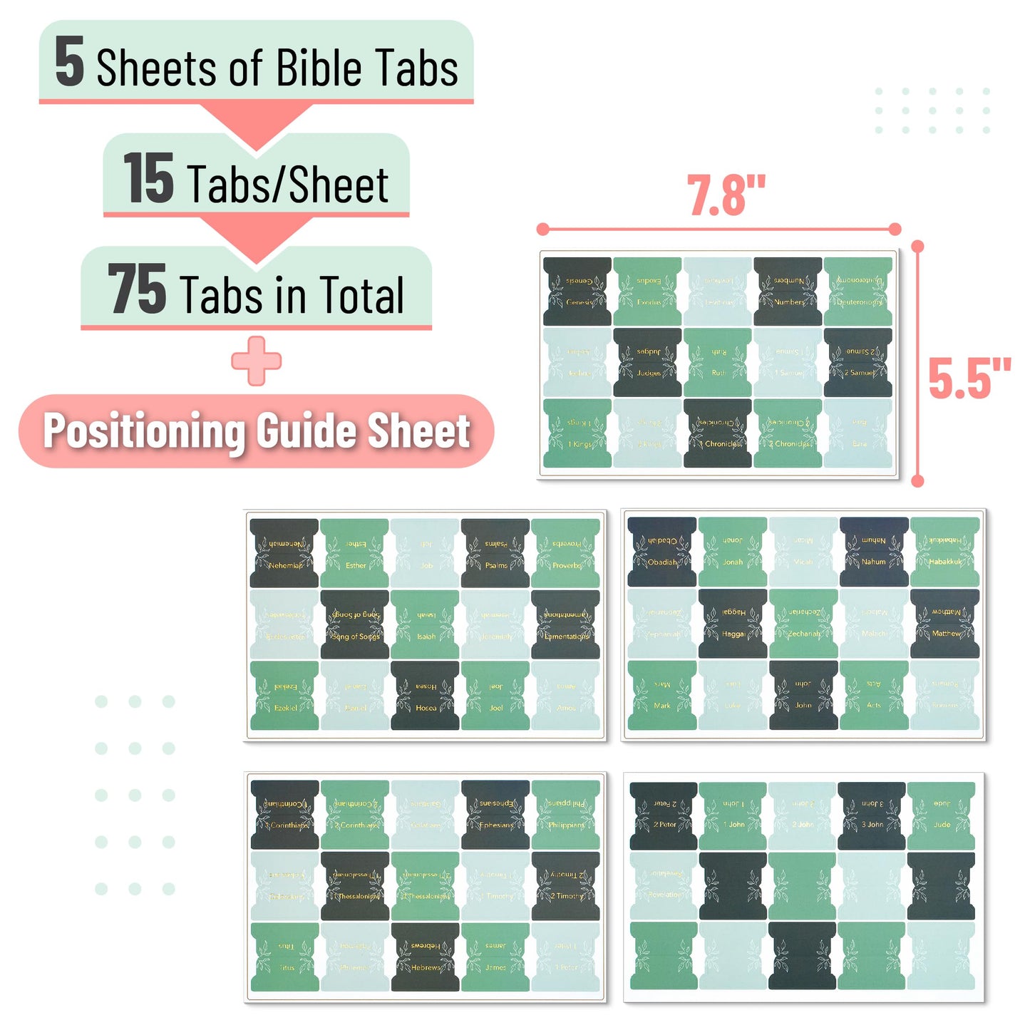 Mr. Pen- Bible Tabs, 75 Tabs, Forest Mist, Gold Foil Embossed Lettering