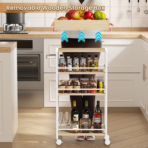 Asgolion Slim Storage Cart, 4 Tier Rolling Cart with Handle, Kitchen Cart on Wheels, Metal Frame Narrow Cart for Small Spaces for Dining Room, Bathroom, Laundry Room, Office White