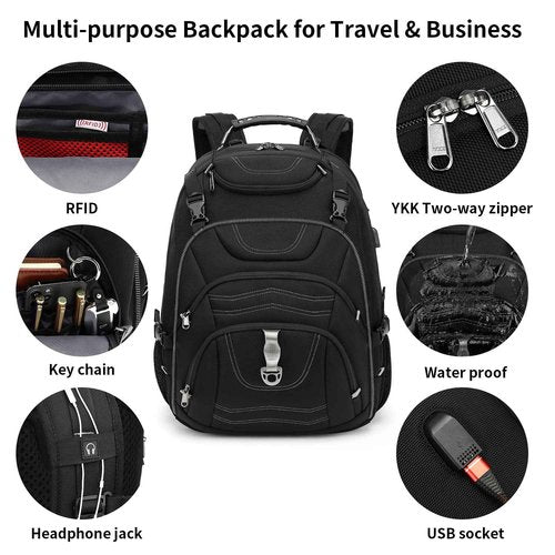 Boniyee Travel Backpack 17.3 Inch, Business Anti-Theft Laptop Bag with USB Charging Port, Waterproof