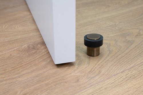 Door Stop | Silicone Shock Absorber | Made of Brass | Threaded Base | Includes Screw + Clamping Plug | EVI Hardware (Aged Brass - Black Rubber, 1,34" x 1,38")