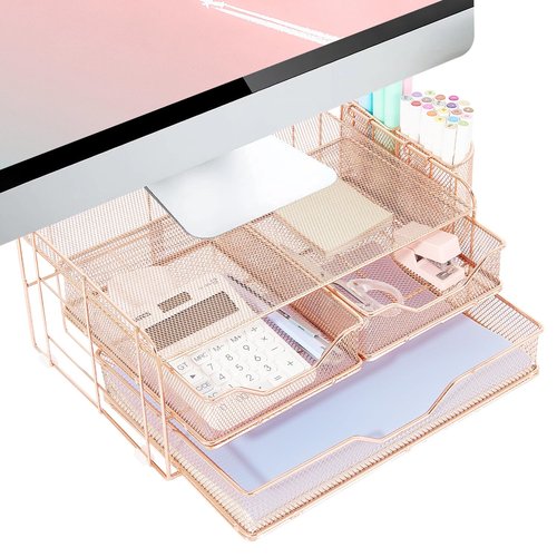 ECOLOVI Computer Monitor Stand for Desk, Desk Organizer and Accessories with 3 Drawers and 2 Pen Holders, Rose Gold Office Supplies Computer Desk Accessories