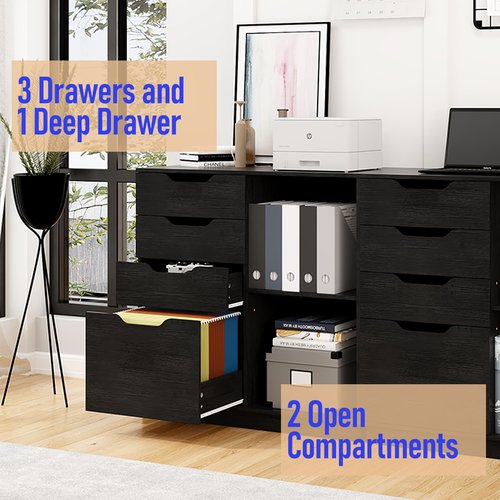 Senhoglb Lateral File Cabinet with 4 Storage Drawers, Large Office Printer Stand for Letter A4 Size File Folders, Adjustable Shelf, Black