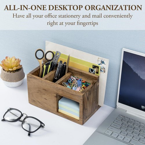 MyGift Rustic Solid Acacia Wood Office Desktop Stationery Organizer, Desk Caddy with Mail Slot, 2 Pen Holders, Sticky Note Storage, and Supplies Tray - Handcrafted in India
