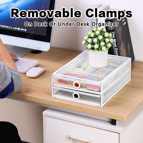 ROSLINE Under Desk & Desktop Drawer Organizer - 2-Tier Metal Slide Out Drawers Organizer, Storage for Home Office Desk (White)