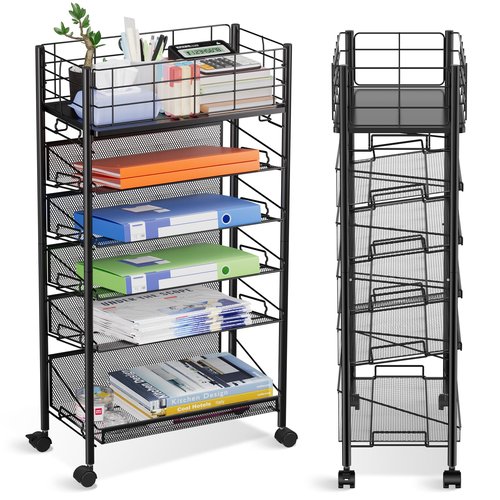 Shrivee Rolling File Cart with Wheels, 6 Tier Metal Rolling File Organizer Cart Beside Desk,Mobile Book Carts with Wheels for Office Home School Teacher Classroom Paper Letter Organization,Black