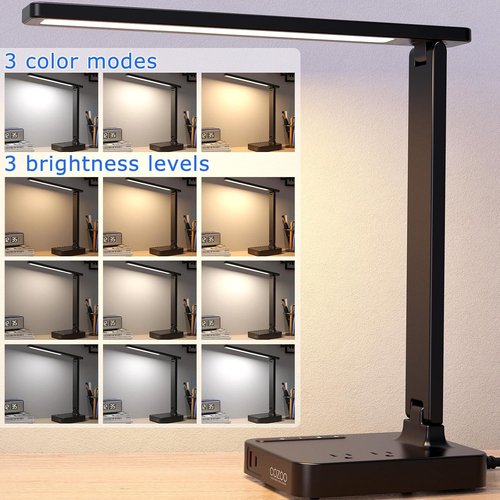 Cozoo Modern LED Desk Lamp - Touch Control, 3 Lighting Modes, 2 USB Ports & 2 AC Outlets | Eye-Caring Design