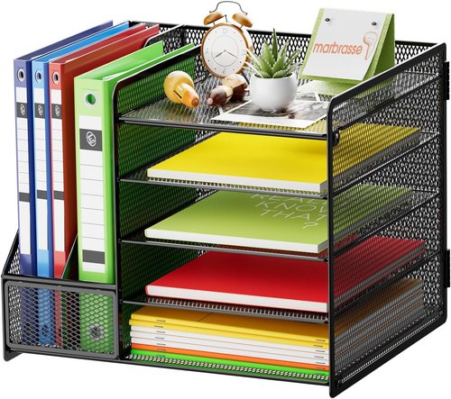 Marbrasse Desk Organizer - 5-Tier Mesh Letter Tray with File Holder & Magazine Storage | Black