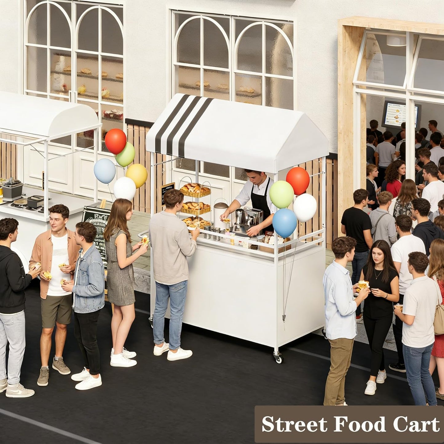 Skiennix Portable Vendor Cart - 75" Tall Outdoor Mobile Food Cart with Canopy & Wheels | White
