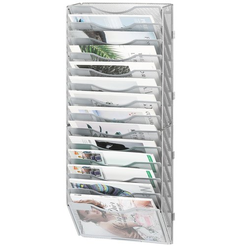 Solinxe 14-Pocket Wall File Organizer, Hanging Mail Organizer Wall Mounted Paper Document Holder, Metal Clipboard Storage Basket for Office Home School Organization, Silver