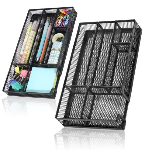 ROSROSE Desk Drawer Organizer 2 Pack, Office Drawer Organizer, 6 Grid Metal Mesh Drawer, Small Desk Organizer Tray Accessories for Office School Home, Bathroom, Kitchen, 11X 6 X 1.45in,Black
