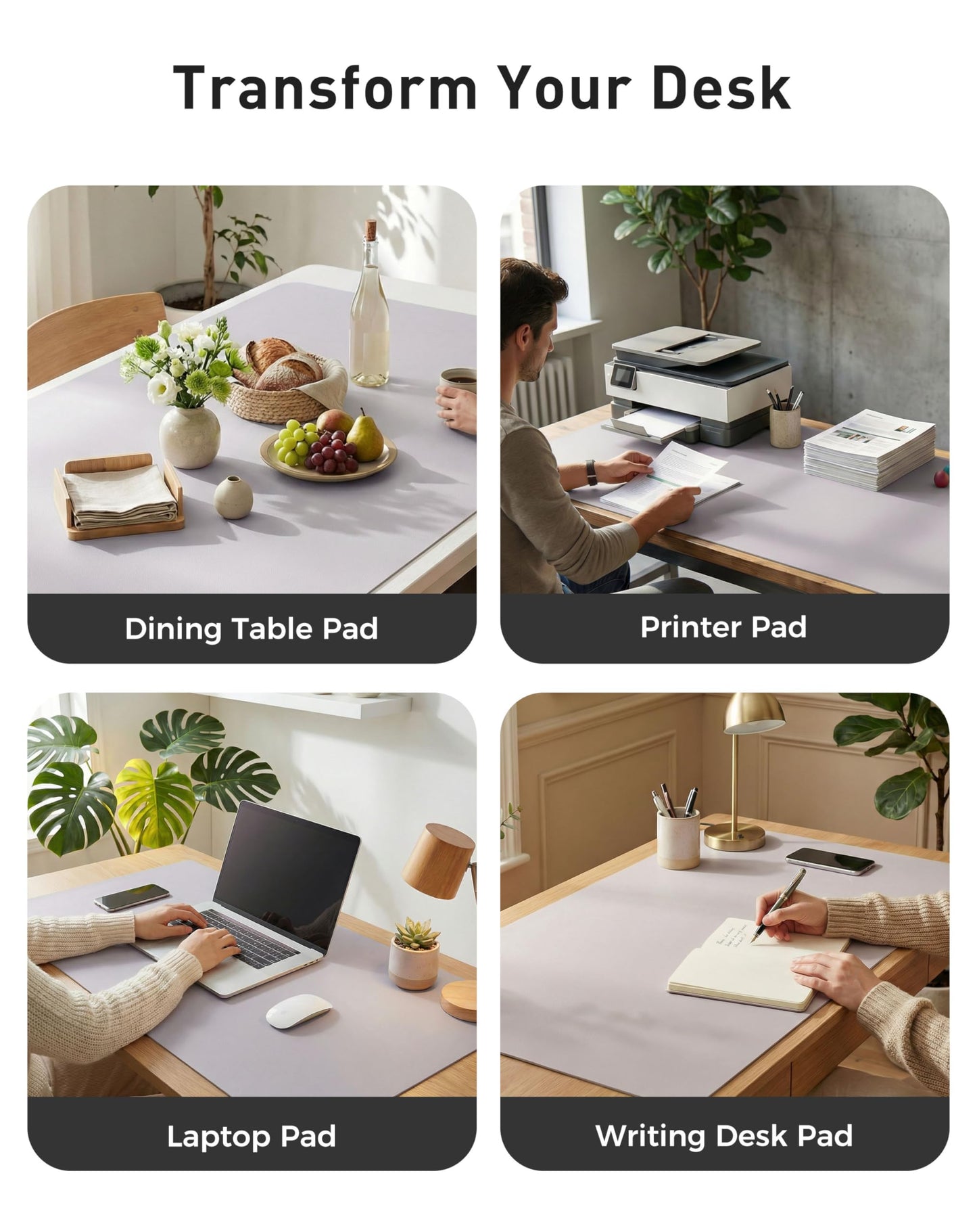 Aothia Faux Leather Desk Mat - Large Mouse Pad, Non-Slip PU Leather Blotter, Waterproof Writing Surface for Office and Home (Smoky Lavender, 42" x 17")