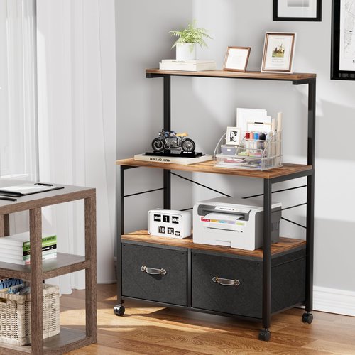 VECELO Lateral File Cabinet with 3 Shelf, 2 Drawer File-Cabinet on Brakeable Wheels, Large Printer Stand with Open Storage Shelf fits Letter Size for Home Office, Brown