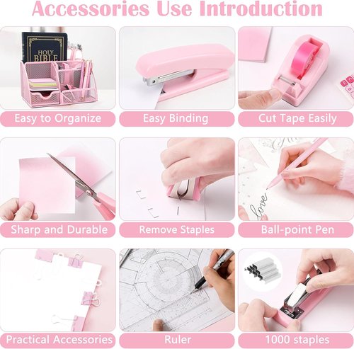 Regine Switzerland Pink Office Desk Accessories - 12-Piece Organizer Set with Tape Dispenser, Stapler & More