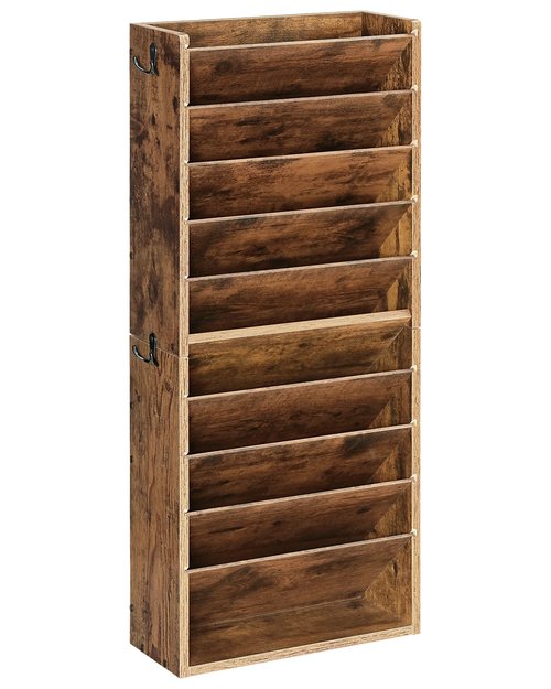 CHOEZON Wall File Organizer, 10-Tier Hanging Mail Organizer, Wall Mount File Holder with 4 Side Hooks, Mail and Storage Organizer, Wooden Vertical Hanging Holder for Office, Rustic Brown MWJ03FG