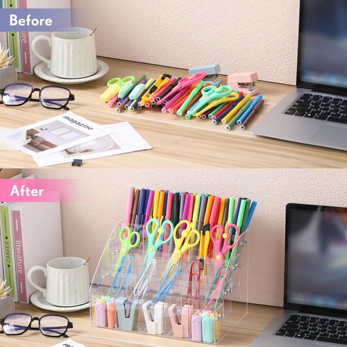 Cinnvoice Acrylic Pen Organizer Storage 20 Compartments Vertical Marker Organizer Acrylic Pen Display Holder for Office Desk Desktop Stationery Pencil Storage, 10.4 x 7.1 x 7.5 Inch