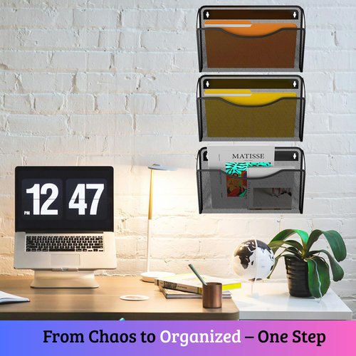 Heavty 3 Single Pocket Mesh Wall File Organizer, Metal Vertical Wall Mounted Magazine Mail Paper Document Folder Holder for Office Home School, Black