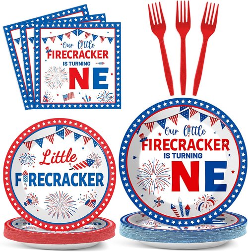 Little Firecracker 96-Piece First Birthday Party Tableware Set - Plates & Napkins for 24 Guests | 4th of July Independence Day Decorations