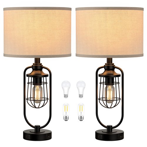 SRJJRS 24" Farmhouse Table Lamps for Living Room Set of 2, Black Rustic Lamps for Night Stands with USB Ports, Industrial Bedside Lamp for Bedroom End Tables, Bulbs Included