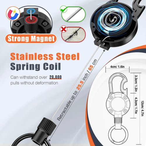 2 Pack Magnetic Retractable Keychain - Heavy Duty Badge Reel with Built-in Bottle Opener Carabiner Clip, 25.5" Steel Cord Badge Holder Retractable Clip Holds 18oz