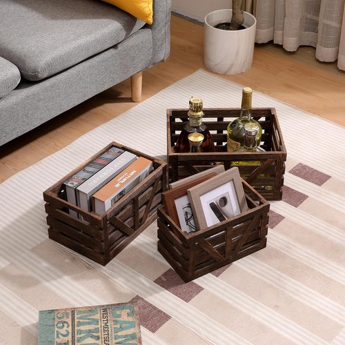 LYDWOO8D Storage Crate Decorative Wood Crates Wooden Storage Container,Wooden Boxes for Home Nested Crates with Handles,Farmhouse Wood Crates for Storage,Display,Brown Set of 3(Large,Medium,Small)