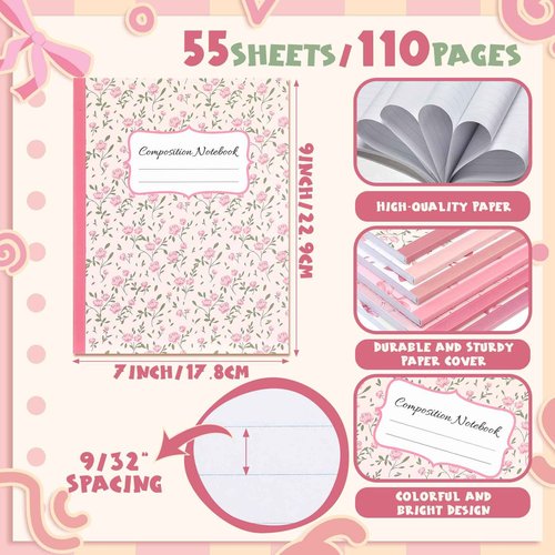 Fullhawl 6 Pcs Bow Composition Notebooks, Preppy Coquette Notebook College Ruled Journal, 110 Page, Cute Back to School Gift for Teacher, Student, First Day of Schooll(Pink,9-3/4 x 7-1/2")