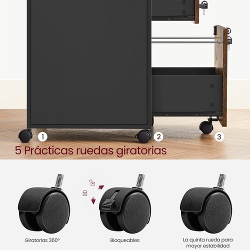 VASAGLE File Cabinet, Mobile Filing Cabinet on Wheels, for Home Office, 2 Lockable Drawers, for A4, Letter-Size Hanging File Folders, Open Shelf, Steel Frame, Rustic Brown and Ink Black UOFC077B01