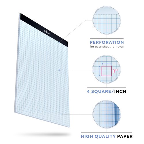 Alitte Graph Paper Pad, Pack of 12, White Letter Size - 4x4 Quad Grid Paper, Easy-Tear Perforations, 8.5 x 11 Cardboard Backing - Graph Notepads for School, Office -50 Sheets per Pad