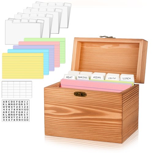 MOBYKE Index Card Holder 4x6, wooden Origanizer Recipe Box with 100 PCS Flash cards, 30 White Dividers, 1 Blank Sticker and 1 Letter Sticker, Flashcard Notecard Holders for Home Office