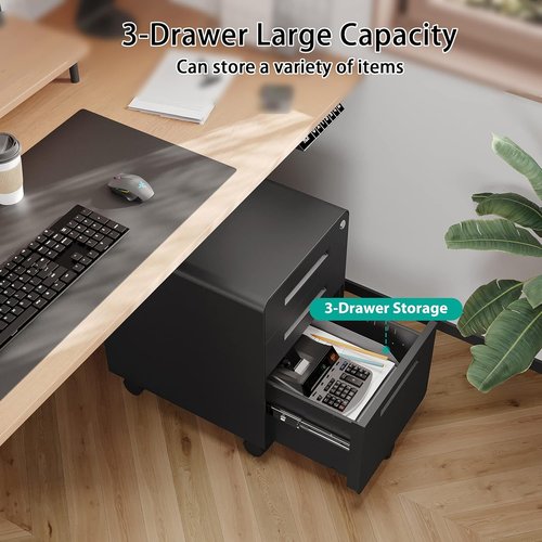 SISESOL 3-Drawer Rolling File Cabinet - Lockable Modern Office Storage with Anti-Tilt Wheels | A4/Letter/Legal Size