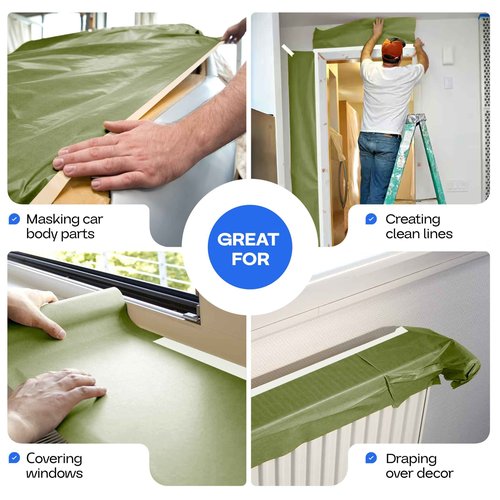 IDL Packaging Premium Masking Kit - 18" x 60 Yards Green Masking Paper (4 Rolls) and 1.41" x 60 Yards White Tape (4 Rolls) - Masking Set to Protect Surfaces - Great for Automotive Industry