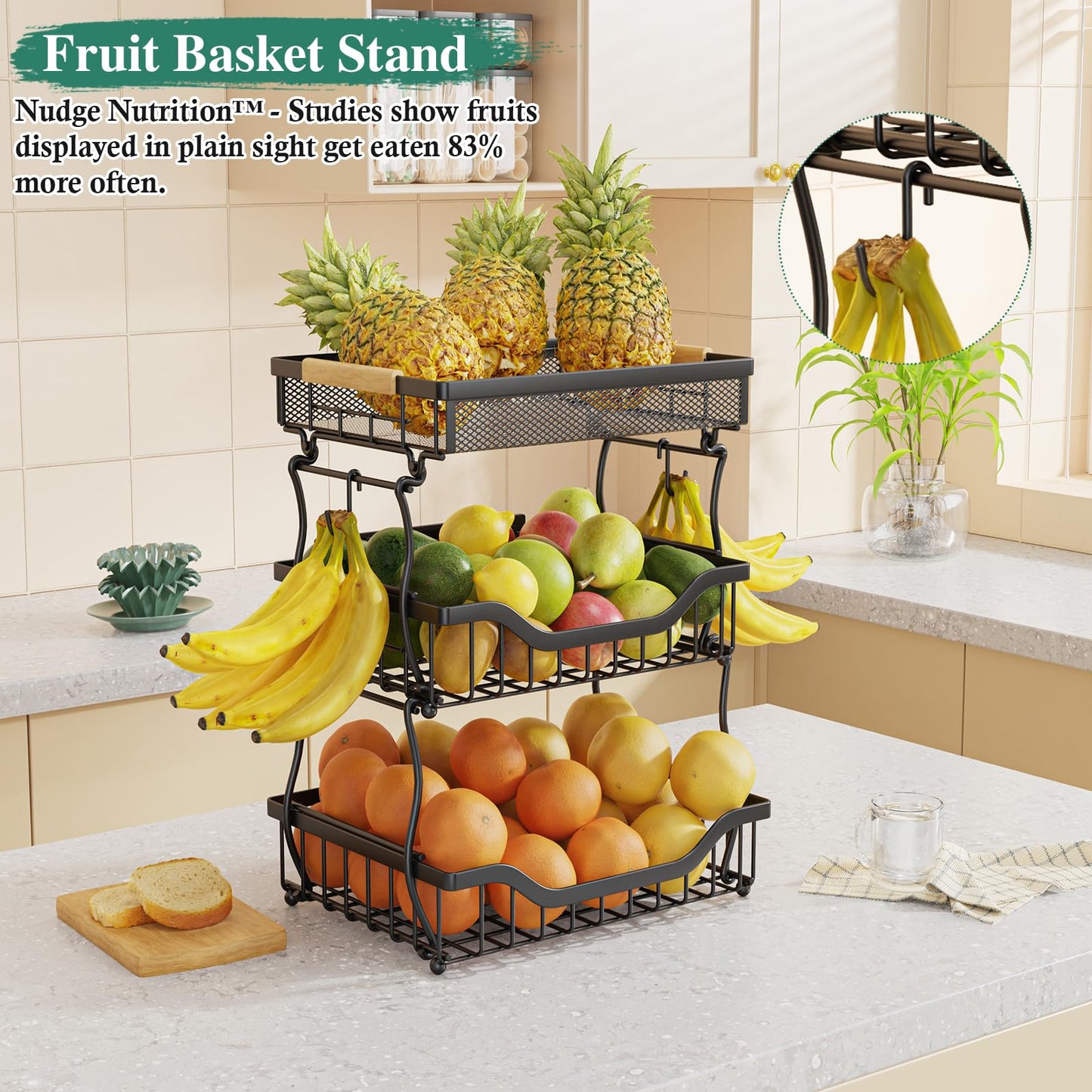 OKZEST 3-Tier Fruit Basket Fits Under Standard Upper Cabinet, 17.2" Tall
