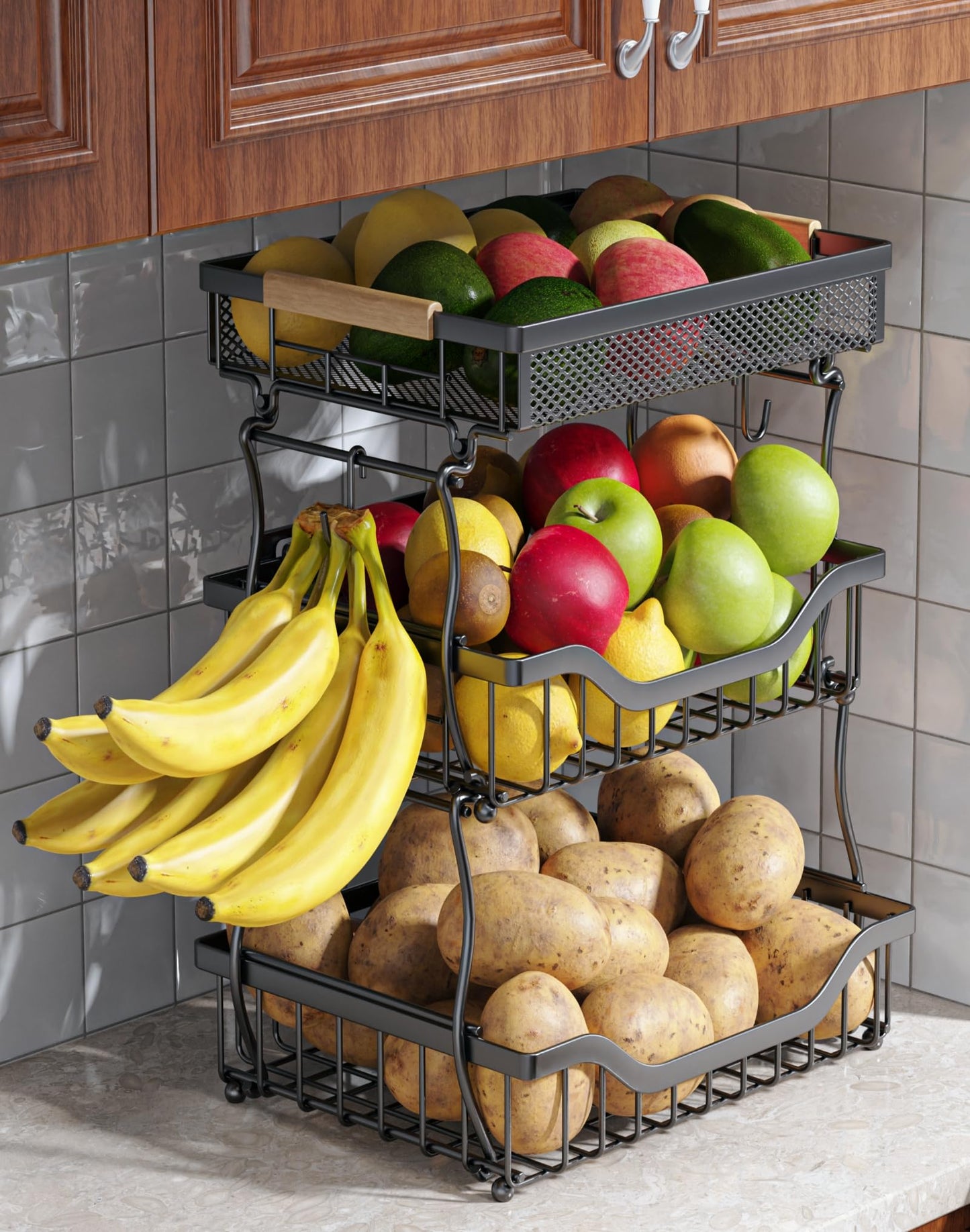 OKZEST 3-Tier Fruit Basket Fits Under Standard Upper Cabinet, 17.2" Tall