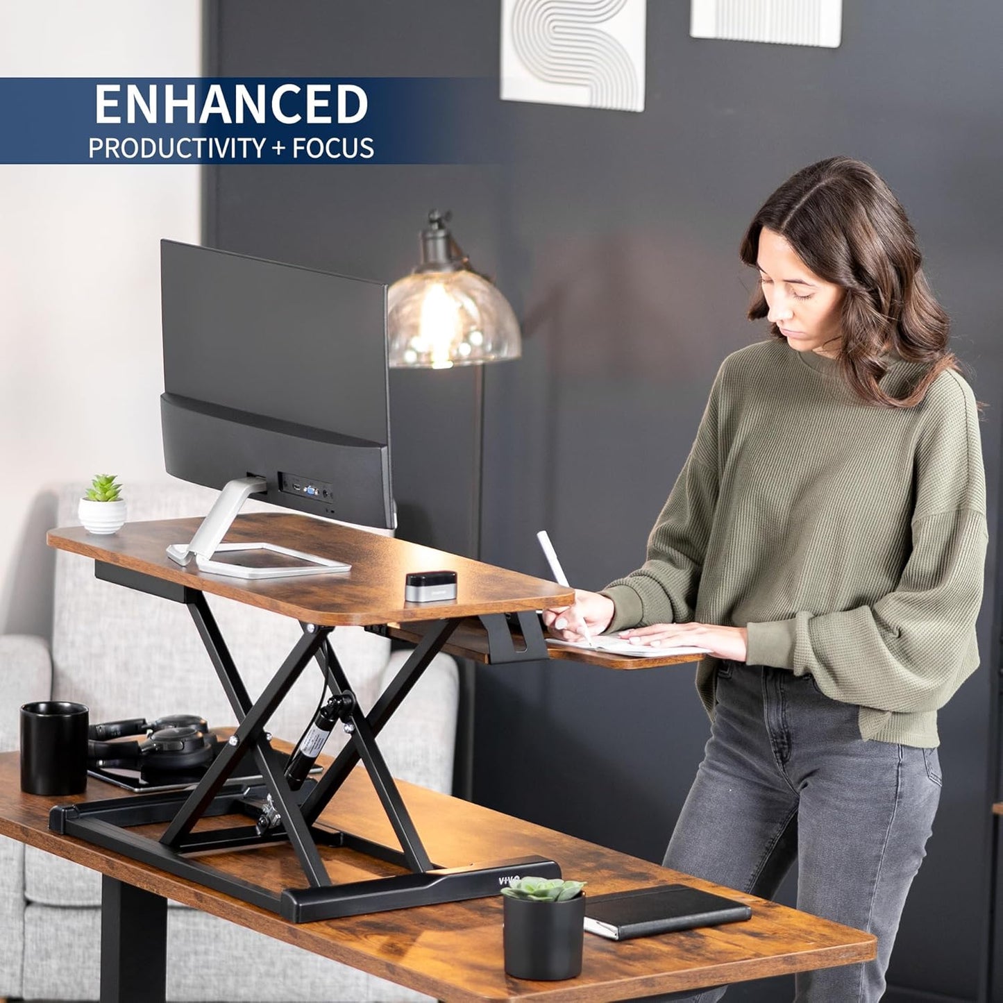 VIVO Height Adjustable Sit to Stand Desk Converter - 28 Inch Rustic Vintage Brown Top | Dual Monitor Workstation