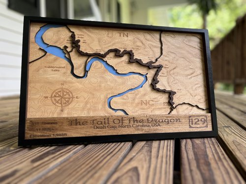3D Wooden Topographic Map Wall Art, Tail of the Dragon, Deals Gap NC, Calderwood Lake Region, 129 Highway