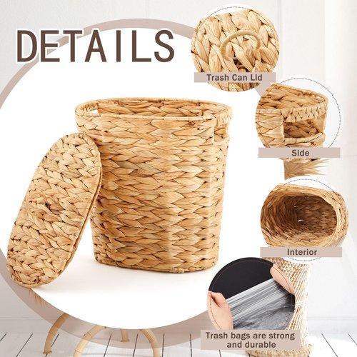 Ctosree 3 Gallons Small Wicker Trash Can with Lid Handle Woven Wicker Rattan Bathroom Waste Basket Boho Trash Basket with 100 Plastic Garbage Bags for Bedroom Office Laundry (Oval Style)