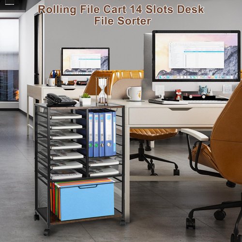 Solinxe File Organizer, Rolling File Cart Cabinet with Hanging Folders Rack, Mobile Mesh Paper Tray Storage Shelf, Utility Rack Cart for Home School Office, Black