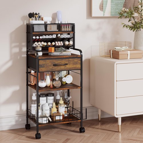 Homsorout Art cart, 3 Tier Rolling Cart - Utility Cart with Storage Drawer and Wheels, Versatile Art & Craft Organizer for Home, Office, or Studio Ideal for Storing Brushes, Paints （Brown）