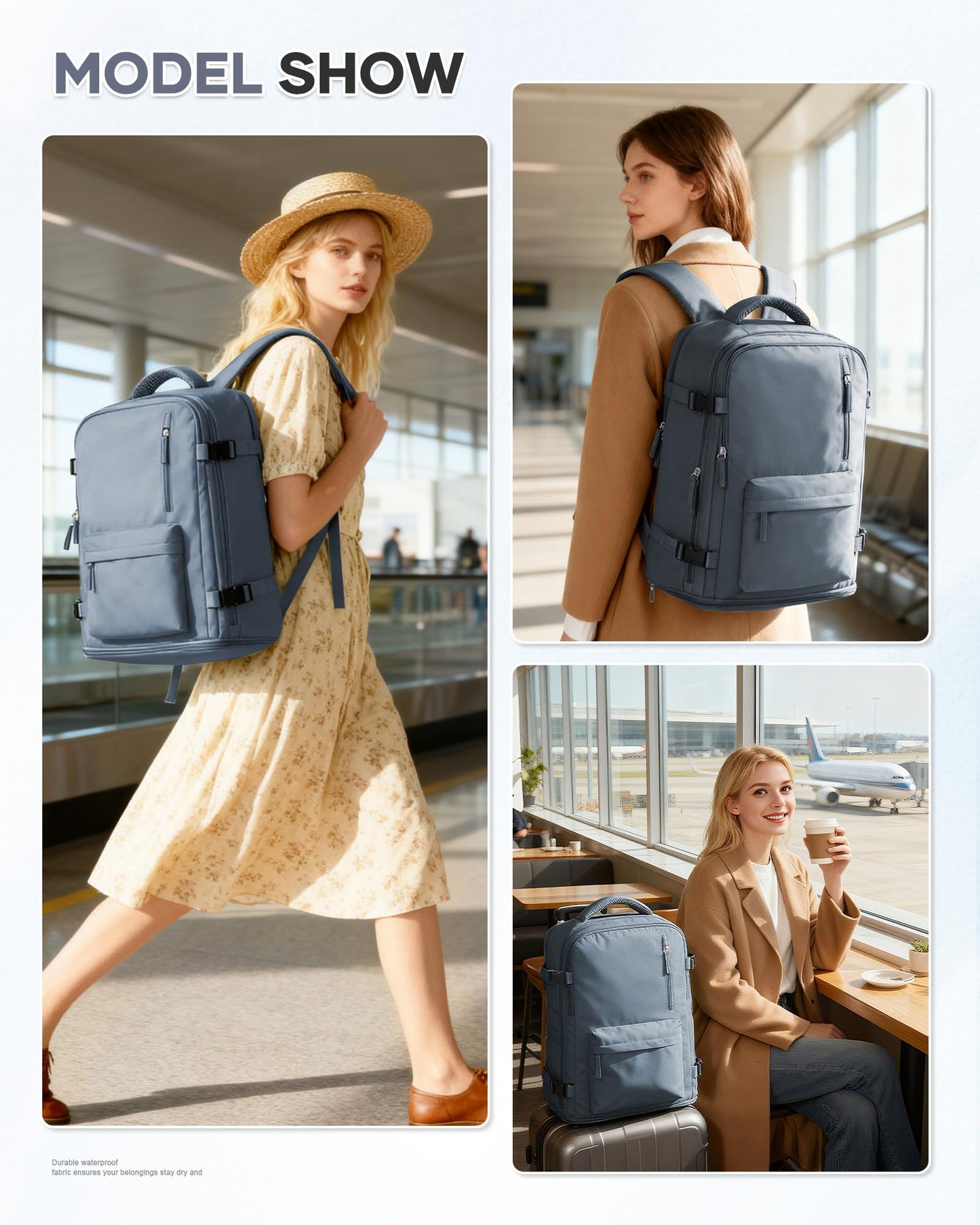 Large Travel Backpack Women Carry On Hiking Backpack Waterproof Outdoor Sports Casual Daypack Personal item Travel Bag Airplane Essentials Spirit Airline Flight Approved Shoes Compartment Jewel Blue