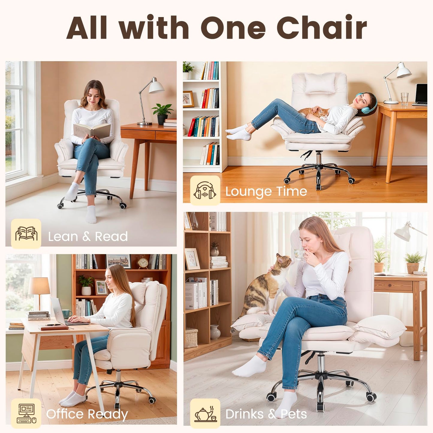 EROMMY Criss Cross Chair with Wheels, Big and Tall Velvet Office Chair Reversible Armrest and Wide Seat, Comfy Reclining Computer Chair for Gaming, Reading, Working, Beige