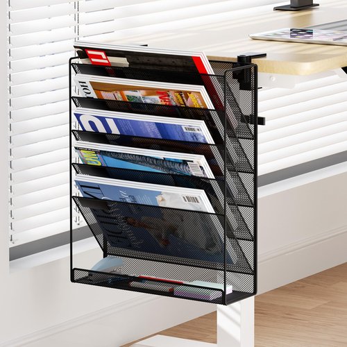 DESKORGA file organizer, TO BE FIXED WITHOUT DRILLING, A4 document holder and office supplies, storage, wall magazine holder, desk storage bannette, desk accessories (Black)